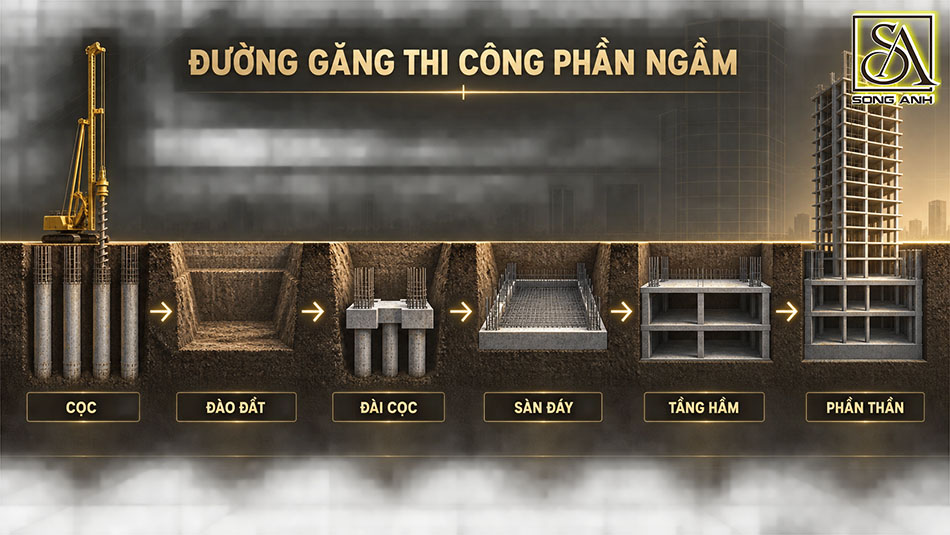 Trình tự thi công cọc, đào đất, đài cọc, sàn đáy, tầng hầm và phần thân